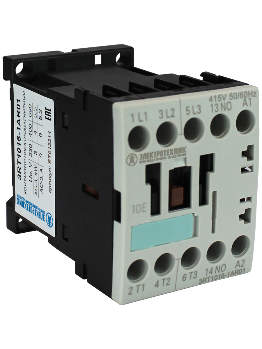 3RT1016-1AR01, 3-пол., 9A, AC-3, 4кВт/400V, 1НО, 415V AC, 50/60Гц, типоразмер S00, винтовые клеммы, IP20, контактор электромагнитный  (ЭТ)